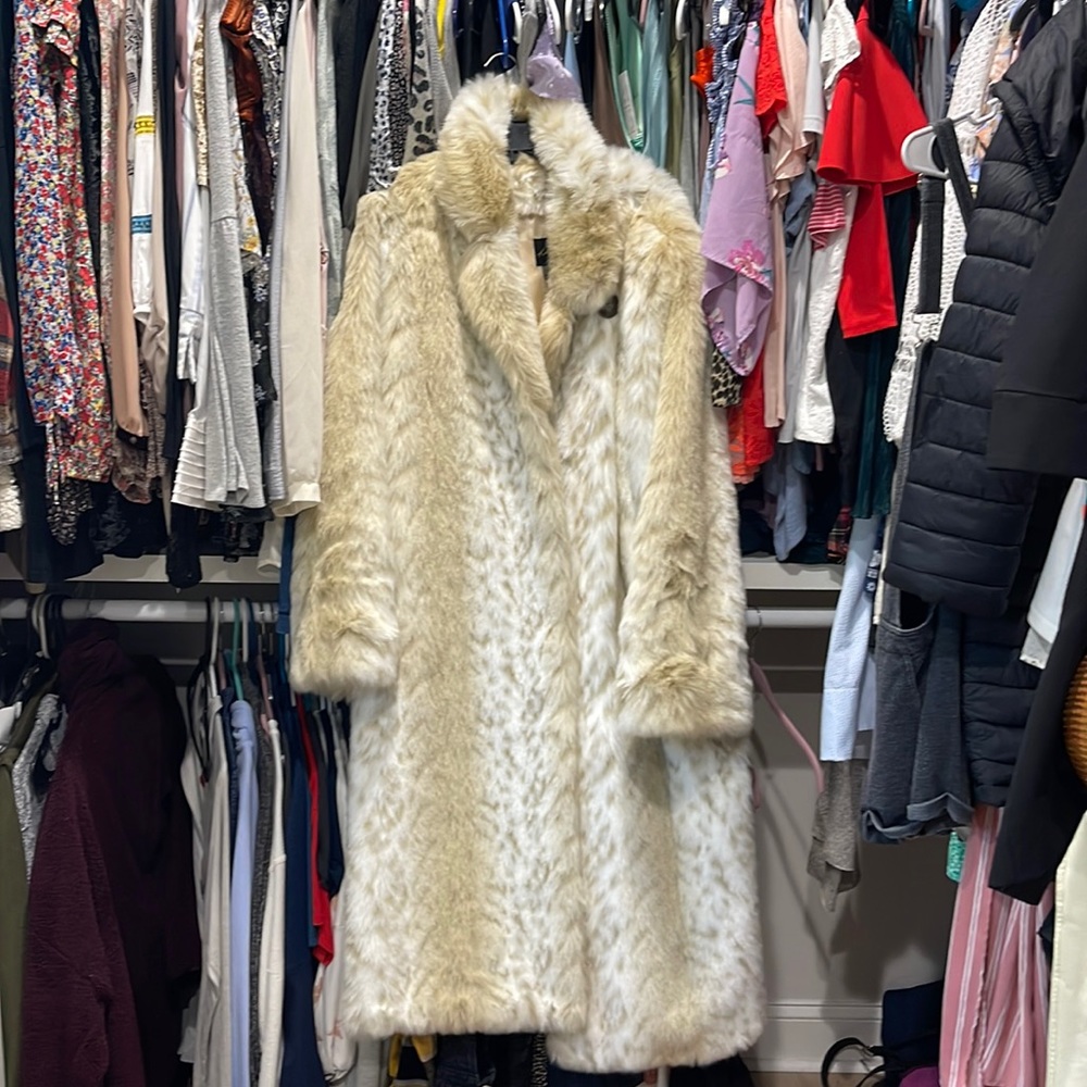 dennis basso Cream Faux Fur Long Coat